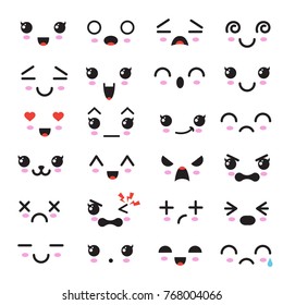 Kawaii cute faces. Manga style eyes and mouths. Funny cartoon japanese emoticon in in different expressions. Expression anime character and emoticon face illustration