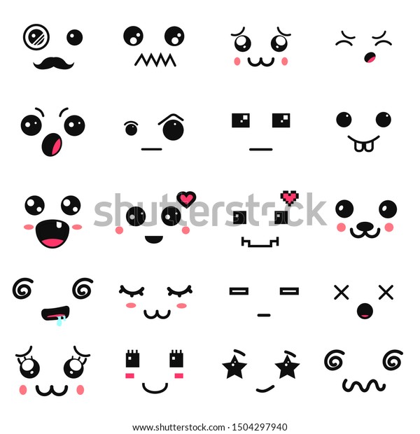 Kawaii Cute Faces Manga Style Eyes And Mouths Funny Cartoon Japanese Emoticon In In Different