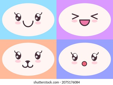 Kawaii cute faces on colorful backgrounds set. Manga style eyes and mouths. Funny cartoon japanese emotion in different face expressions. Anime characters and emotions. Eastern kawaii culture design