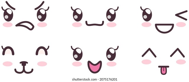 Kawaii cute faces on colorful backgrounds set. Manga style eyes and mouths. Funny cartoon japanese emotion in different face expressions. Anime characters and emotions. Eastern kawaii culture design