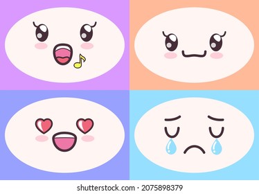 Kawaii cute faces on colorful backgrounds set. Manga style eyes and mouths. Funny cartoon japanese emotion, sad and angry face expressions. Anime characters and emotions. Eastern kawaii culture design