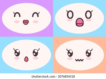 Kawaii cute faces on colorful backgrounds set. Manga style eyes and mouths. Funny cartoon japanese emotion in different face expressions. Anime characters and emotions. Eastern kawaii culture design