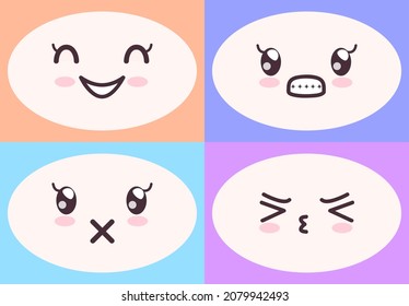 Kawaii cute faces on colorful backgrounds set. Manga style eyes and mouths. Funny cartoon japanese emotion in different face expressions. Anime characters and emotions. Eastern kawaii culture design