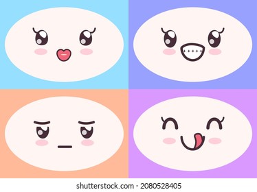 Kawaii cute faces on colorful backgrounds set. Manga style eyes and mouths. Funny cartoon japanese emotion in different face expressions. Anime characters and emotions. Eastern kawaii culture design