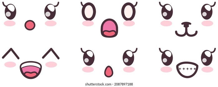Kawaii cute faces on colorful backgrounds set. Manga style eyes and mouths. Funny cartoon japanese emotion in different face expressions. Anime characters and emotions. Eastern kawaii culture design