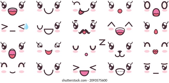Kawaii cute faces on colorful backgrounds set. Manga style eyes and mouths. Funny cartoon japanese emotion in different face expressions. Anime characters and emotions. Eastern kawaii culture design