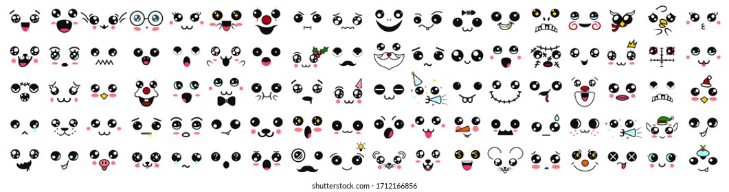 Kawaii Cute Faces With Round Eyes Big Set. Manga Style Eyes And Mouths. Funny Cartoon Japanese Emoticon In In Different Expressions 