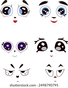 Kawaii cute faces in vector Manga style eyes and mouths. Different cartoon Japanese emoticon.