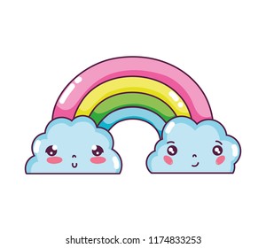 kawaii cute fluffy clouds and rainbow