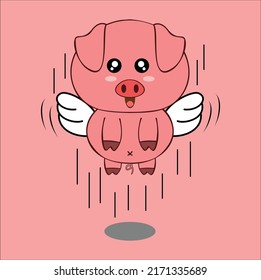 Kawaii Cute Flying Pig Illustration Line Art Vector Design