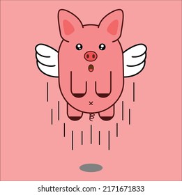 Kawaii Cute Flying Pig Illustration Line Art Vector Design