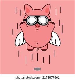 Kawaii Cute Flying Pig Illustration Line Art Vector Design