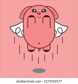 Kawaii Cute Flying Pig Illustration Line Art Vector Design