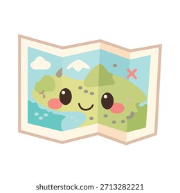 Kawaii lindo Vector de personajes de mapa plegado, icono de navegación de viaje de dibujos animados