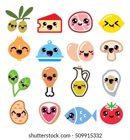 Kawaii cute food characters - meat, vegetables, diary icons set