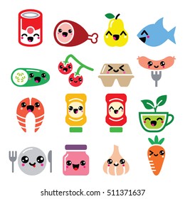 Kawaii Cute Food Characters - Meat, Vegetables, Fruit Icons Set
