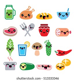 Kawaii cute food characters - meat, vegetables, drinks icons set