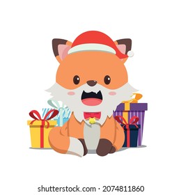 Kawaii, a Cute fox animal celebrates Christmas. Cute cartoon pet character. Little foxy in sweet childish style. Funny Japanese Korean design. Mascot, emoji, avatar, logo, game, sticker, print.