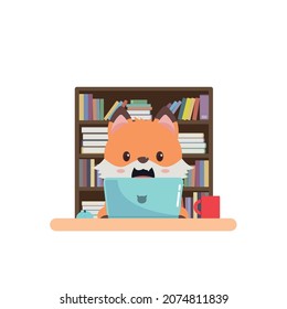 Kawaii, a Cute fox animal using a computer for working or studying. Cute cartoon pet character. Little foxy in sweet childish style. Funny Japanese Korean design. Mascot, emoji, avatar, logo, sticker.