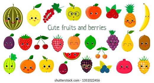 Kawaii cute fruit and berries , the faces of the characters of the mega set of twenty seven elements. For your design of cards, scrapbooking, crafting. Cartoon, flat design, vector illustration.