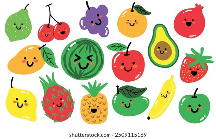 Kawaii Cute Fruit Cartoon Collection | Adorable Hand-Drawn Fruit Illustrations Featuring Happy Avocado, Pineapple, Watermelon, Cherry, and More for Kids and Fun Designs