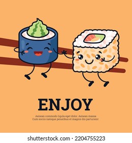 Kawaii lindo y divertido rollos de sushi sentados en el diseño de palillos para el banner del restaurante de mariscos japonés o el menú del bar, dibujos animados vectoriales sobre el fondo del color.