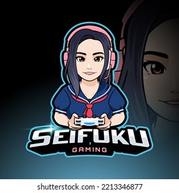 Kawaii cute gamer girl icon cartoon logo for gaming badge or streamer