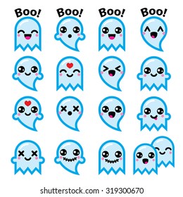 Kawaii cute ghost for Halloween blue icons set  