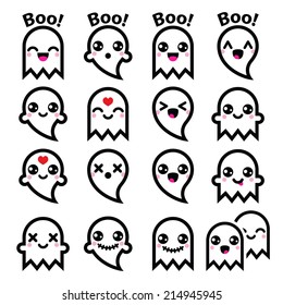 Kawaii cute ghost for Halloween icons set   