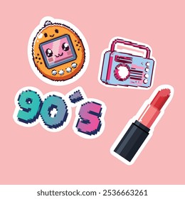 kawaii cute girly pink 90s retro pixel game sticker set illustration.