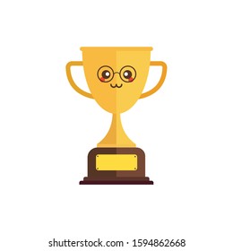 Kawaii and Cute Gold Trophy Vector Icon Illustration. Golden Goblet With Kawaii Face Sport Icon Concept White Isolated. Flat Cartoon Style Suitable for Web Landing Page, Banner, Sticker, Background