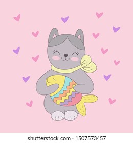 Kawaii cute gray kitten holding a colorful fish and smiling. Cartoon kitty with closed eyes. Funny cartoon kitty character. Nice greeting card. 