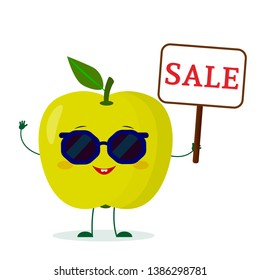 Kawaii cute green apple fruit cartoon character in sunglasses keeps a sale sign. Logo, template, design. Vector illustration, a flat style.