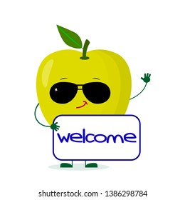 Kawaii cute green apple fruit character in sunglasses keeps the signboard welcome. Logo, template, design. Vector illustration, a flat style.