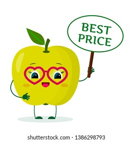 Kawaii cute green apple fruit cartoon character in red heart glasses in the hands of the plate is the best price. Vector illustration, a flat style.