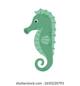 Kawaii bonito cavalo-marinho verde no fundo branco. Ilustração de vetor desenhada à mão plana