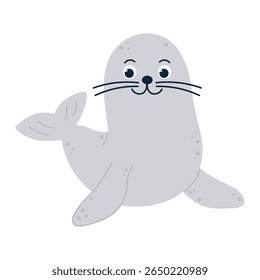 Kawaii cute grey fur seal on white background. Flat hand drawn vector illustration