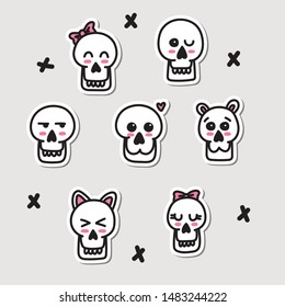 Kawaii cute Halloween skull stickers hand drawn cartoon doodle style set. Stock vector