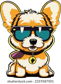 kawaii cute happy dog wearing sunglasses professional tshirt design vector.This is an editable EPS vector file.