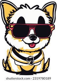 kawaii cute happy dog wearing sunglasses professional tshirt design vector.This is an editable EPS vector file.