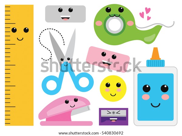Kawaii Cute Happy Miscellaneous School Supplies Stock Vector (Royalty
