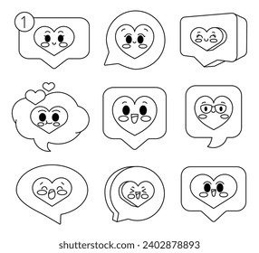 Kawaii cute heart in speach bubble. Coloring Page. Emoticon messaging. Love cartoon characters. St Valentines day. Hand drawn style. Vector drawing. Collection of design elements.