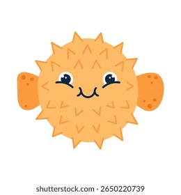 Kawaii bonito peixe ouriço com olhos grandes e rosto sorridente isolado no fundo branco. Ilustração de vetor desenhada à mão plana