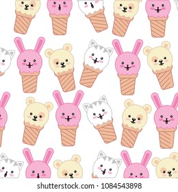 kawaii cute ice cream animals face fuuny cartoon background