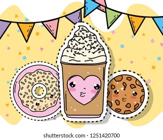 kawaii cute ice cream with donut and cookie in the party banner