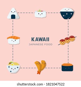 kawaii cute japanese food set, Asian cuisine , flat design style for your banner, icon, restaurant poster