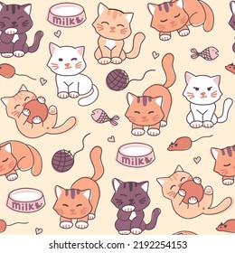 Kawaii Cute Kittens Seamless Repeat Pattern in pastel colors 