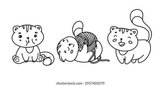 Kawaii cute kitty set. Outline illustration for coloring books, stickers