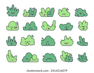 Kawaii cute lawn bush. Cartoon plant grass character. Hand drawn style. Vector drawing. Collection of design elements.