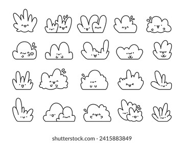 Kawaii cute lawn bush. Coloring Page. Cartoon plant grass character. Hand drawn style. Vector drawing. Collection of design elements.